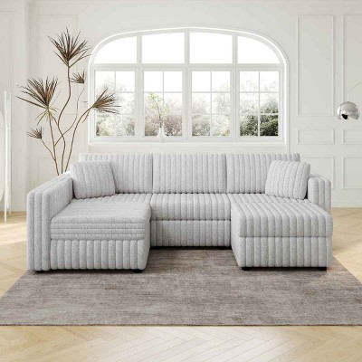 Modular 4-Person U-Shaped Sofa with Ottoman and Pillow, Hydraulic Lift Design Sofa, Metal Frame Sofa with Polyester Cover-Coolbibila