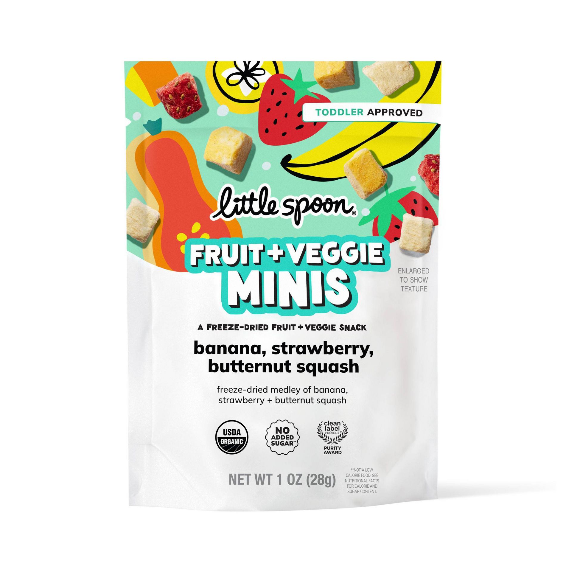 Little Spoon Organic Strawberry, Banana, Butternut Squash Fruit + Veggie Minis Freeze Dried Toddler Snack- 1oz: Bag, Ready to Eat
