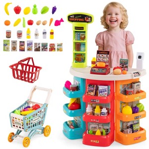 Costway 76 PCS Pretend Play Grocery Store Set with Shopping Cart Scale Scanner Light Sound Pink/Multicolor - 1 of 4