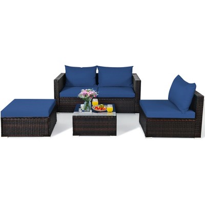 Tangkula 5PCS Cushioned Rattan Patio Conversation Set w/ Ottoman Navy Cushion