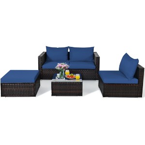 Tangkula 5PCS Cushioned Rattan Patio Conversation Set w/ Ottoman Navy Cushion - 1 of 4