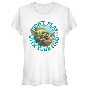 Juniors Womens Star Wars The Mandalorian The Child Playing With Food T-Shirt - 1 of 4