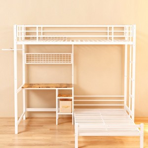 Racxily Bunk Bed, Twin Over Twin Size with Desk, L-Shaped Metal Bunk Bed Storage Shelves and Drawers Loft Beds with Guardrail and Ladder for Teen - 1 of 4