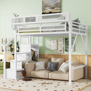 TIRAMISUBEST Full/Queen Size Loft Bed with Stairs, Metal Full Loft Bedframe with Storage Shelves, High Loft Bed with Wardrobe for Kids Teens - 1 of 4