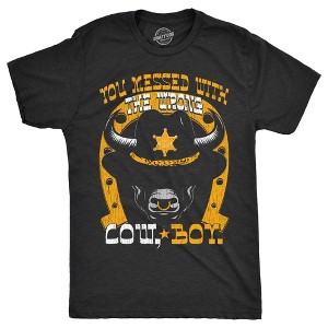 Mens You Messed With The Wrong Cow Boy T Shirt Funny Tough Bull Joke Tee For Guys - Crazy Dog Men's T Shirt - 1 of 4