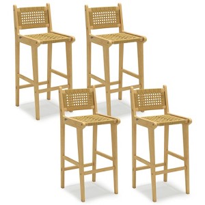 Costway 1/2/4 PCS Patio Teak Wood Bar Stool Outdoor Bar Height Chair with Rattan Backrest & Seat - 1 of 4