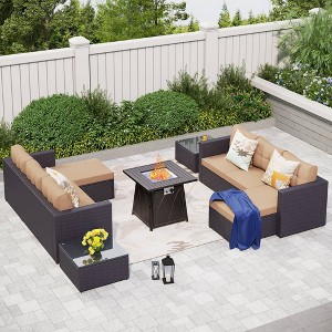 Captiva Designs 7pc Steel & Wicker Outdoor Square Fire Pit Furniture Set with Cushions - 1 of 4