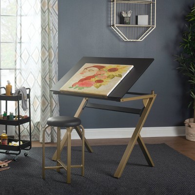 Stellar 36" Black and Gold Adjustable Drawing Table with Padded Stool