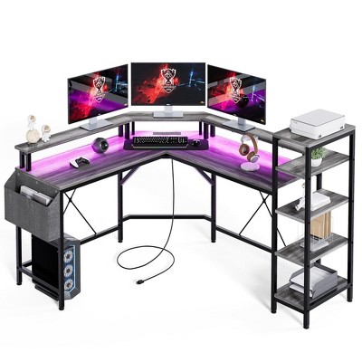 L Shaped Desk with Power Outlets & LED Lights, 62" Computer Desk with Full Monitor Stand