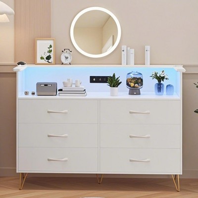 6-Drawer Dresser with Built-In Power Outlet & LED Lighting, Modern Chest with 2-Tier Open Shelves, Versatile Storage Cabinet for Bedroom, Living Room