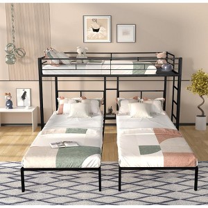 Bellemave Twin Over Twin Triple Bunk Beds for 3 Kids,Metal Triple Bunk Beds with Wood Slats and Table,Noise Reduced Structure,Black - 1 of 4