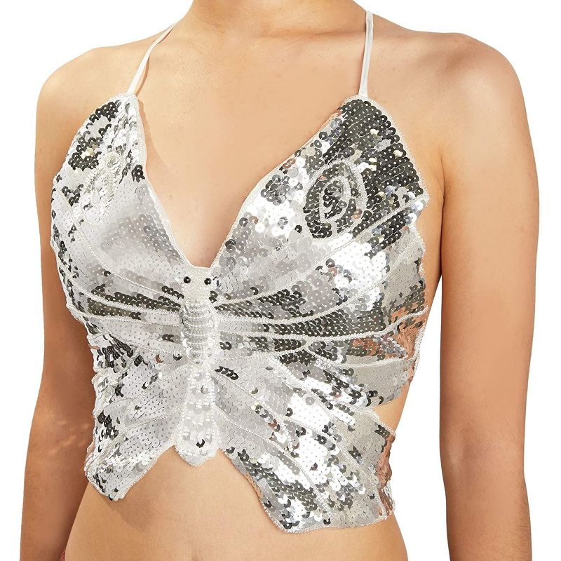 Zodaca Butterfly Sequin Halter V Neck Crop Top for Women, Open Back Tie Backless Cami Tank, Silver, One Size, 2 of 6