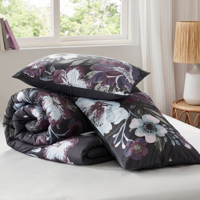 Dark Gray and Plum Floral Cotton Full Comforter Set