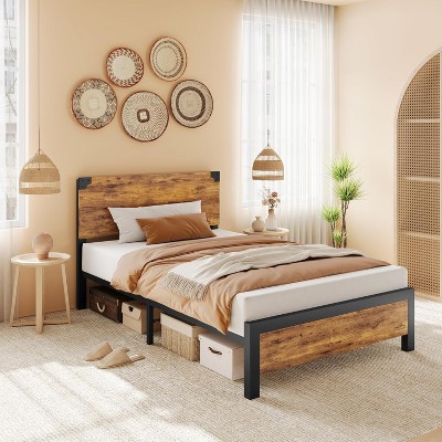 Whizmax Four Size Bed Frame with Wood Headboard, Platform Bed Frame with Under Bed Storage, Noise Free, No Box Spring Needed, Easy Assembly, Brown