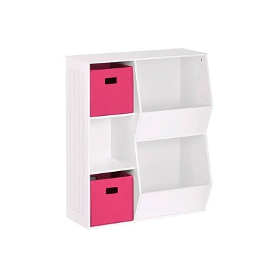 RiverRidge Kids' Playroom Toy Organizer and Bookcase with 3 Cubbies and 2 Veggie Storage Bins with 2 Fabric Bins