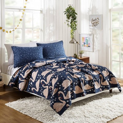 Full/Queen 3pc Swanning Around Quilt Set Navy - Makers Collective