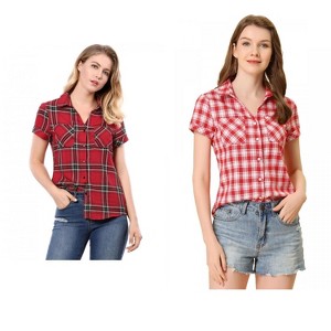 Allegra K Women's Classic Short Sleeve Button Down Plaid Shirt 2 Pcs - 1 of 4