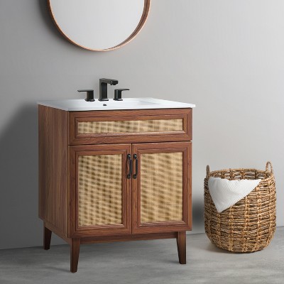 Javer 30" Walnut Rattan Modern Farmhouse Bath Vanity Cabinet
