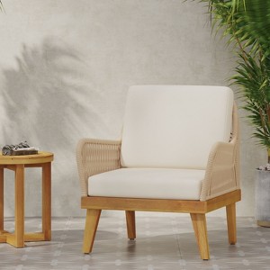 Okak Boho Handwoven Rope Patio Club Chair Premium Acacia Accent Chair,Rustic Armchair with Water-Resistant Cushion&Footpad,Patio Furniture Seating - 1 of 4