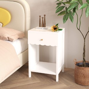 ORRD Modern White Nightstand with Drawer and Open Shelf,Scalloped Edge Bedside Table for Bedroom - 1 of 4