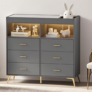 Dresser for Bedroom with LED Lights and Power Outlet, Baby Changing Table Dresser with 6 Drawers, 2 Open Storage Shelves,  with Changing Table Top - 1 of 1