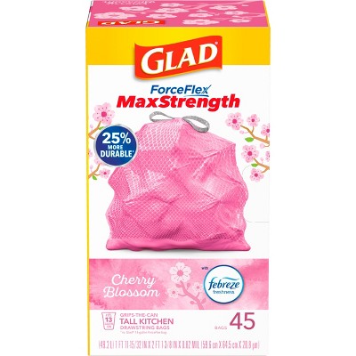 Glad ForceFlex MaxStrength Tall Kitchen Drawstring Pink Trash Bags - Cherry Blossom - 13gal/45ct