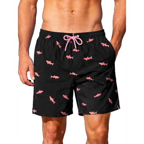 INSPIRE CHIC Men's Drawstring Elastic Waistband Liner Hawaiian Swim Board Shorts Small Black