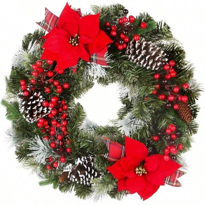 24 Inch Artificial Eucalyptus Wreath with Berry and Pine Branches Green Leaves Holiday Decorations for Front Door Indoor Outdoor Use