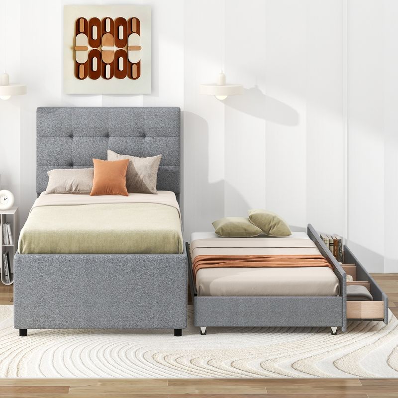 Upholstered Platform Bed with Pull-out Twin Size Trundle Bed and 3 Drawers-ModernLuxe, 2 of 13
