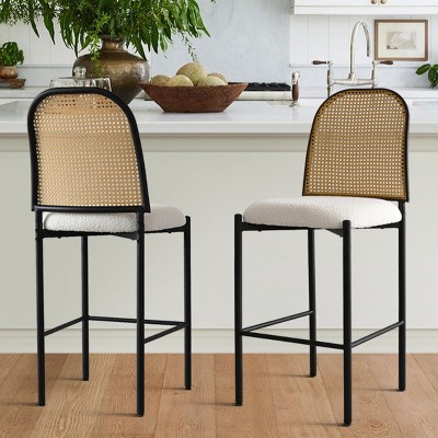 27"Counter Height Bar Stools Rattan Back Set Of 2 Bar Stools Upholstered Island Stool With Curved Back boucle Island Chairs For Kitchen-Cuddlewood