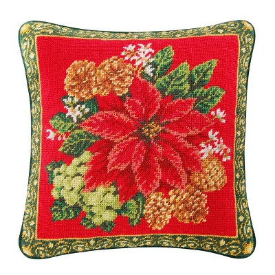 C&F Home Poinsettia On Red Needlepoint Pillow