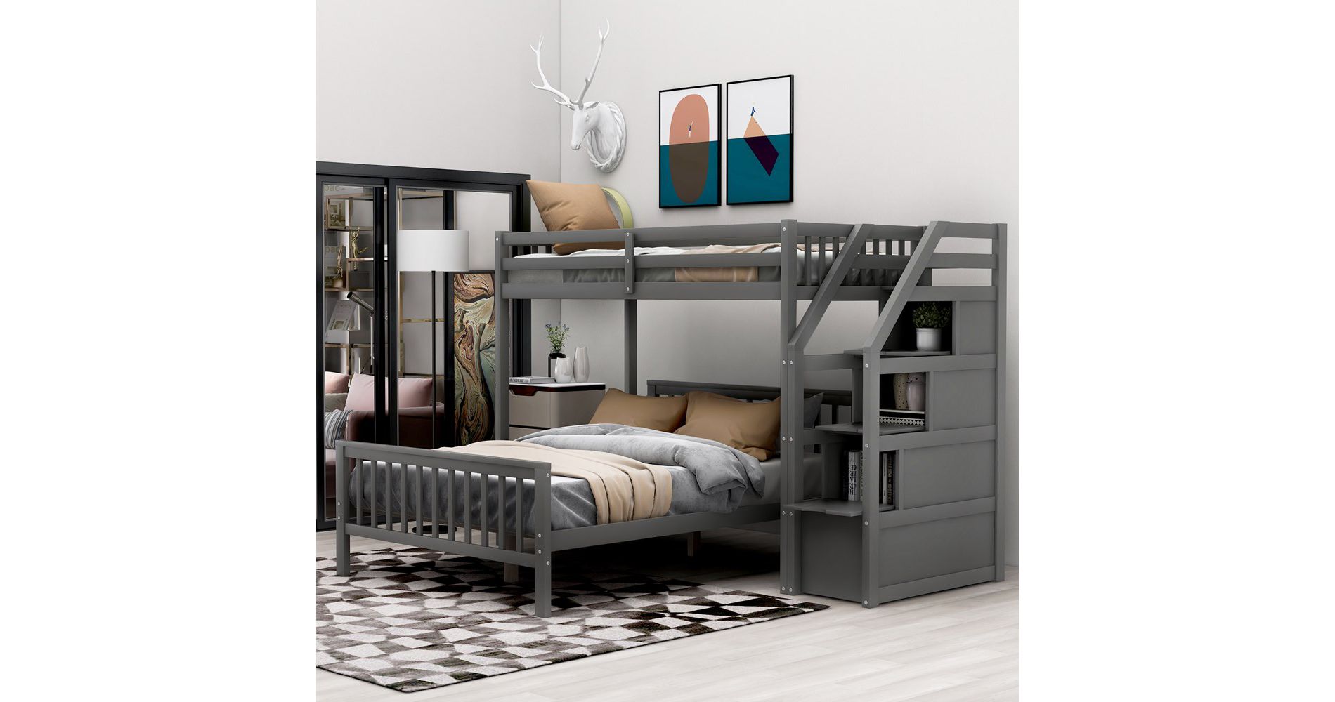 Twin Over Full Bunk Bed With Storage Staircases, Wooden Loft Bed Frame For Kids Teens Bedroom Guest Room Furniture No Box Spring Needed Easy Assembly