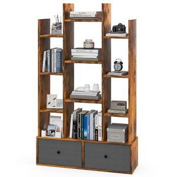 Costway Industrial Bookshelf Rustic Wooden Shelf Organizer with 2 Non-woven Fabric Drawer