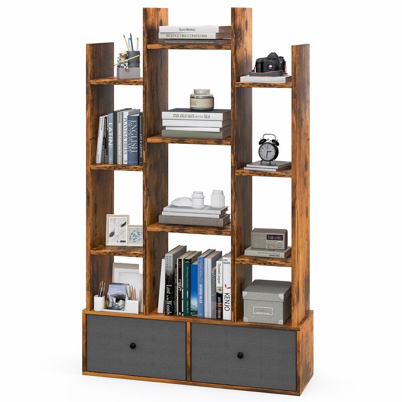 Costway Industrial Bookshelf Rustic Wooden Shelf Organizer with 2 Non-woven Fabric Drawer, 1 of 10
