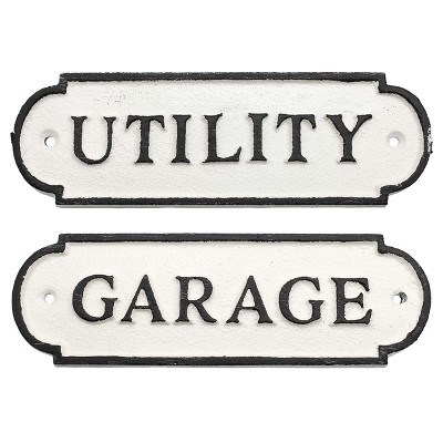 AuldHome Design Cast Iron Garage / Utility Signs, 2pc Set; Black and White Rustic Room Signs