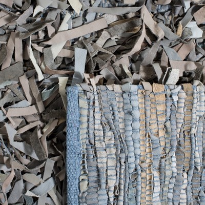 Grey and Beige Hand-Knotted Leather Shag Rug, 3' x 5'