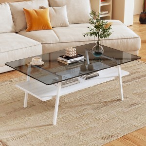 35.43" Tempered Glass Oval Coffee Table with Oak Wood Legs and 3 Layers for Living Room - 1 of 4