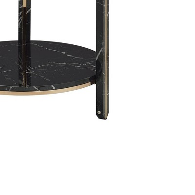Round Glass and Faux Black Marble End Table with Champagne Trim