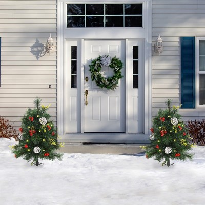DOMETOUR 22.5in Christmas Tree 2-Pack Outdoor Pre-Lit Artificial Pine Cordless with 24 Warm White Lights and Stakes