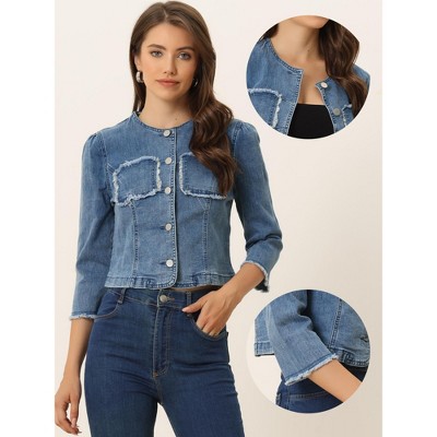 Allegra K Women's Cropped Denim Jacket 3/4 Sleeves Frayed Casual Collarless Jean Jackets Blue X-Small — фото 2