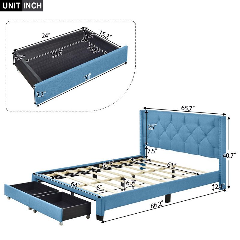 Queen Size Platform Bed With 2 Drawers Linen Upholstered Bed Frame With Storage For Bedroom No Box Spring Needed, 3 of 6