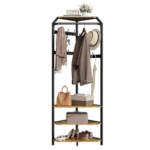 Corner ‌Hall Tree with Bench and Shoe Storage, 3-in-1 Entryway Bench with Hooks for Mudroom, Corner Wall Rack - 1 of 4