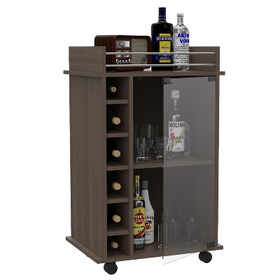 Depot E-Shop Huali Bar Cart 35" H, Six Built-in Wine Rack, Glass Door, Four Casters, Two Shelves
