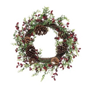 Transpac Artificial 20 in. Multicolored Christmas Pinecone Frosted Berry Wreath - 1 of 2