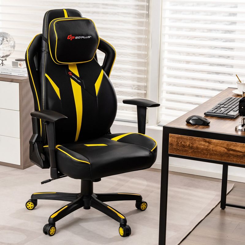 Costway Gaming Chair 360° Swivel Computer Reclining Height Adjustable 2D Armrest Yellow, 2 of 11