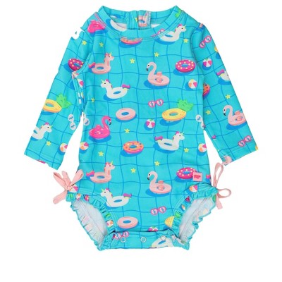 RuffleButts Baby/Toddler Girls UPF50+ Long Sleeve One Piece Rash Guard