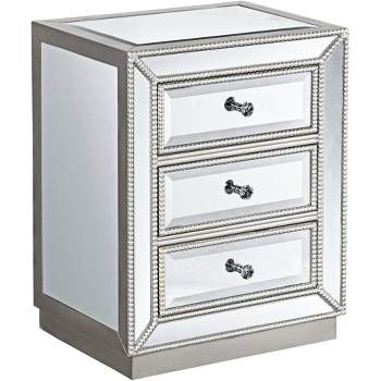 Coast to Coast Accents Trevi Modern Mirrored Rectangular Accent Table 20" x 15" with 3-Drawer Silver Beaded Trim for Living Room Bedroom Bedside House