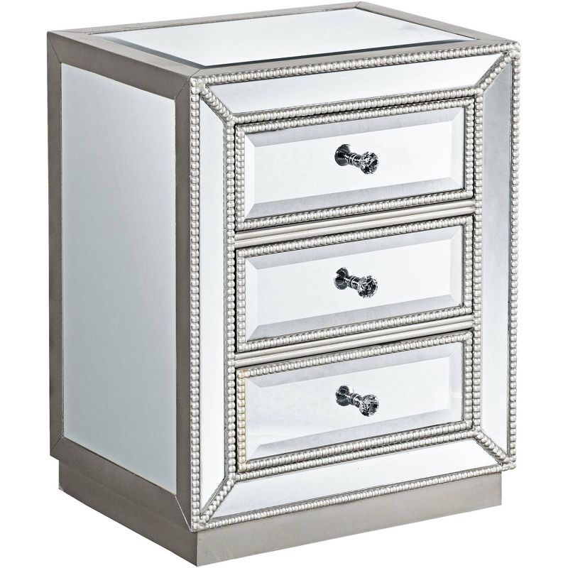 Coast to Coast Accents Trevi Modern Mirrored Rectangular Accent Table 20" x 15" with 3-Drawer Silver Beaded Trim for Living Room Bedroom Bedside House, 1 of 10