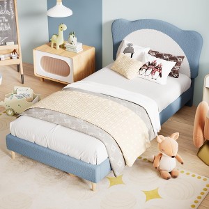 Full Bed Frame for Kids - with Adjustable Chic Scallop Headboard, Cute Velvet Princess Platform Bed for Girls/Kids, Solid Wood Slats Support - 1 of 4