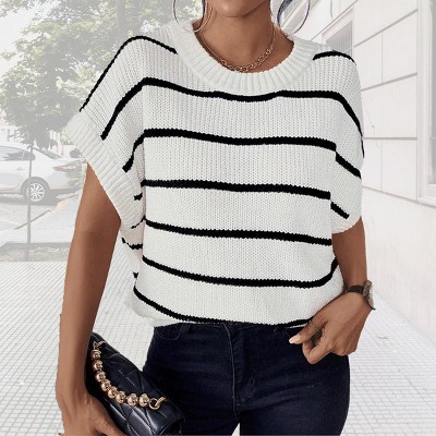 Womens Summer Short Sleeve Pullover Sweater Casual Tops Cap Sleeve Stripped Crew Neck Lightweight Sweater Vest Ribbed Knit Pullover Tops